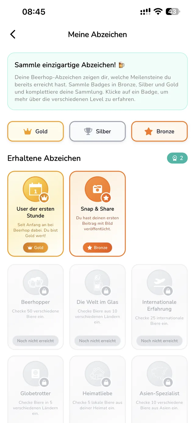 Beerhop-Screen Meine Abzeichen mit erhaltenen und noch offenen Abzeichen