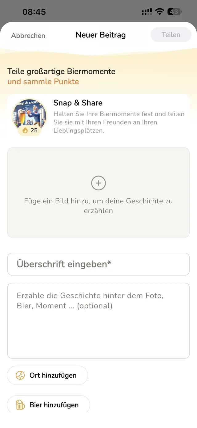 Beerhop-Screen Neuer Beitrag: Bild hinzufügen, Überschrift, Geschichte, Ort und Bier