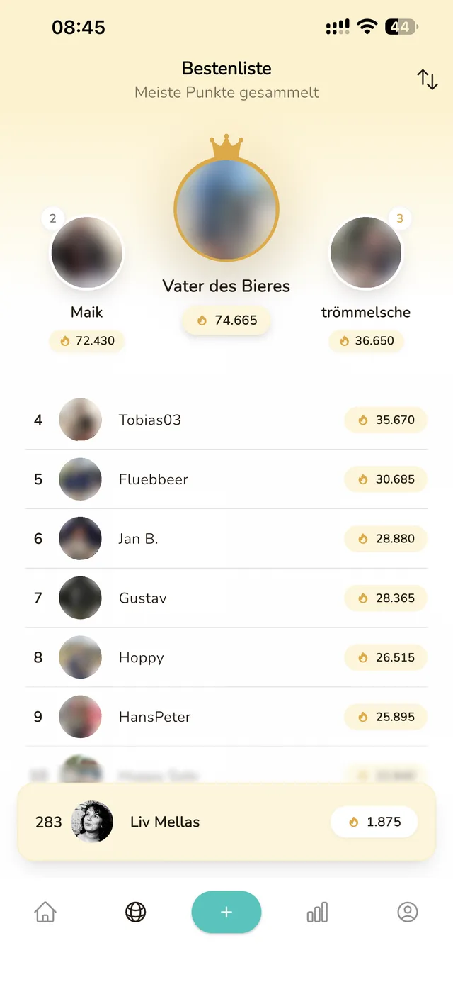 Beerhop-Screen Bestenliste mit den drei Erstplatzierten auf dem Podest