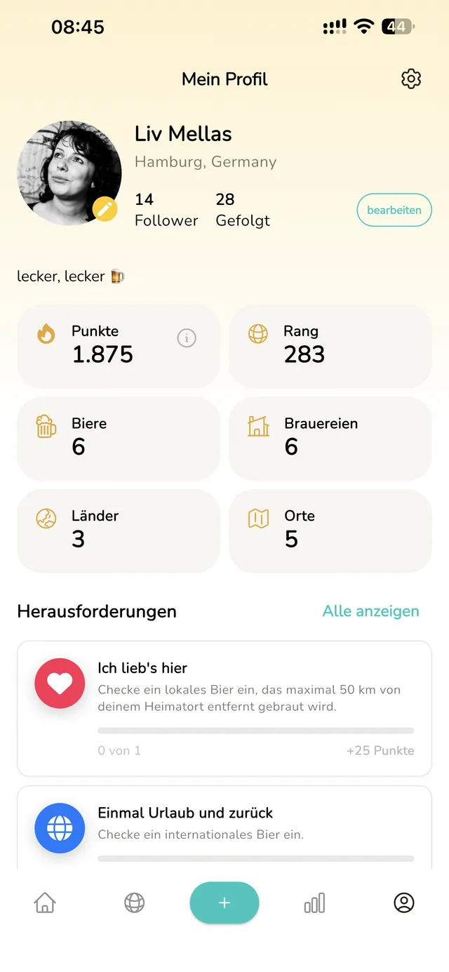 Beerhop-Screen Mein Profil mit Punkten, Rang und der Zahl der getrunkenen Biere, Brauereien, Länder und Orte